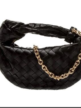 Bottega Veneta Black Intrecciato Crescent Shoulder Bag with Gold Chain